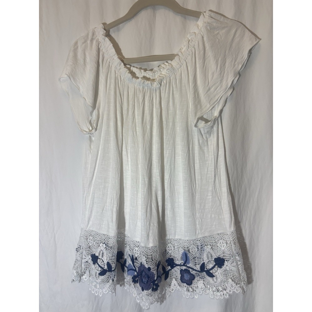 ADIVA White‎ Blue Floral flutter sleeve Eyelet Blouse Top Sz M HH13